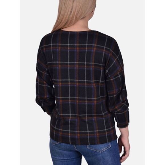 NY COLLECTION - NWT - L Sz 1X Long-Sleeve, Plaid, Cris-Cross Top w/Button Cuffs - Picture 6 of 15